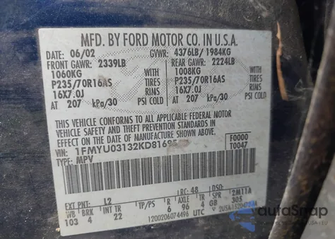 2002 Ford Escape Xlt/Xlt Choice 2 из США, поврежденный, VIN 1FMYU03132KD81695